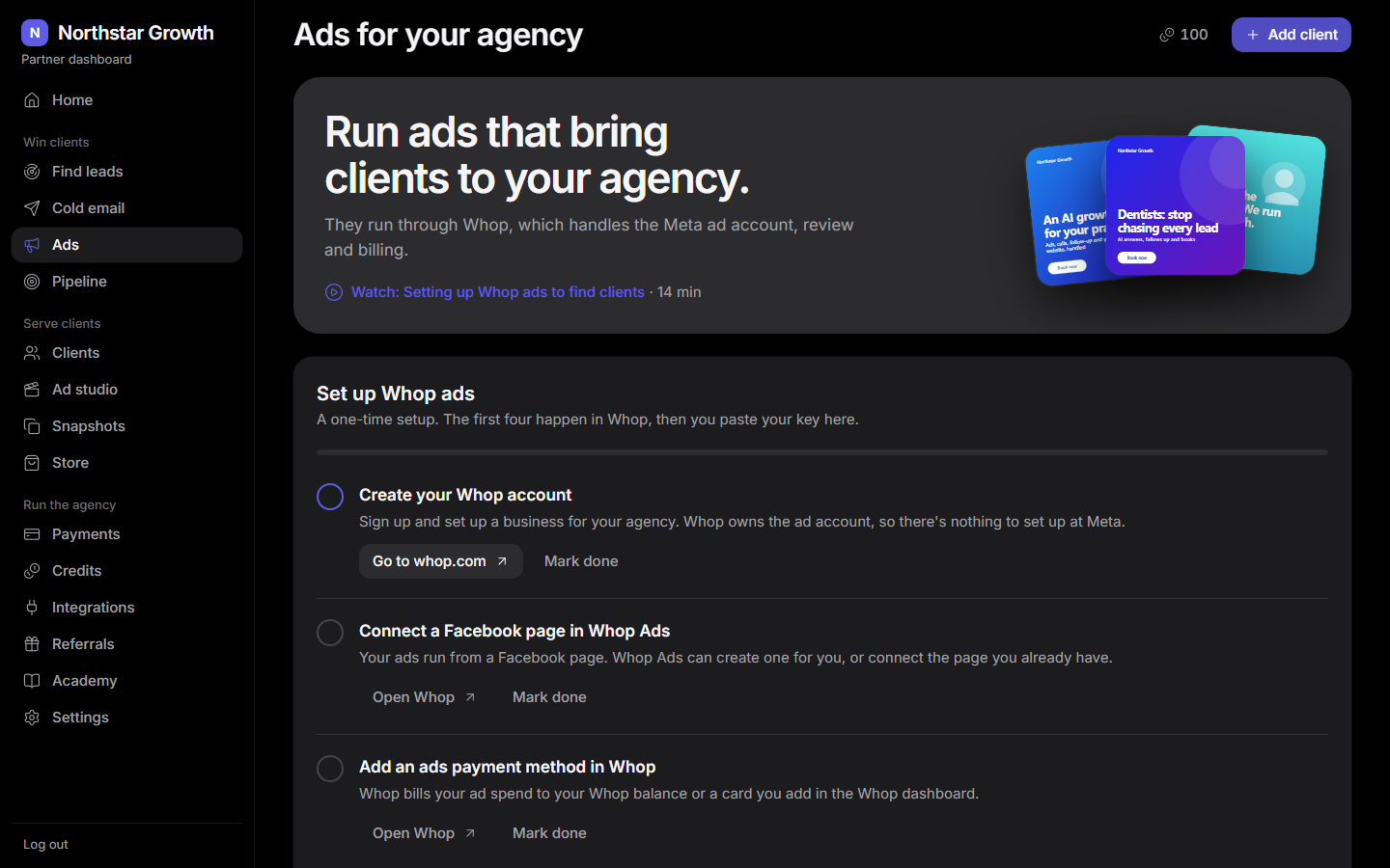 Ads for your agency: the one-time Whop setup