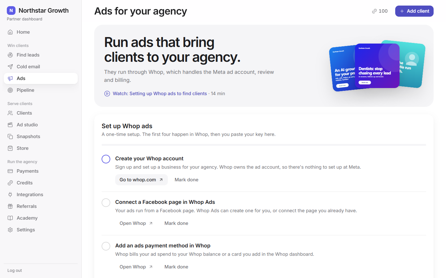 Ads for your agency: the one-time Whop setup