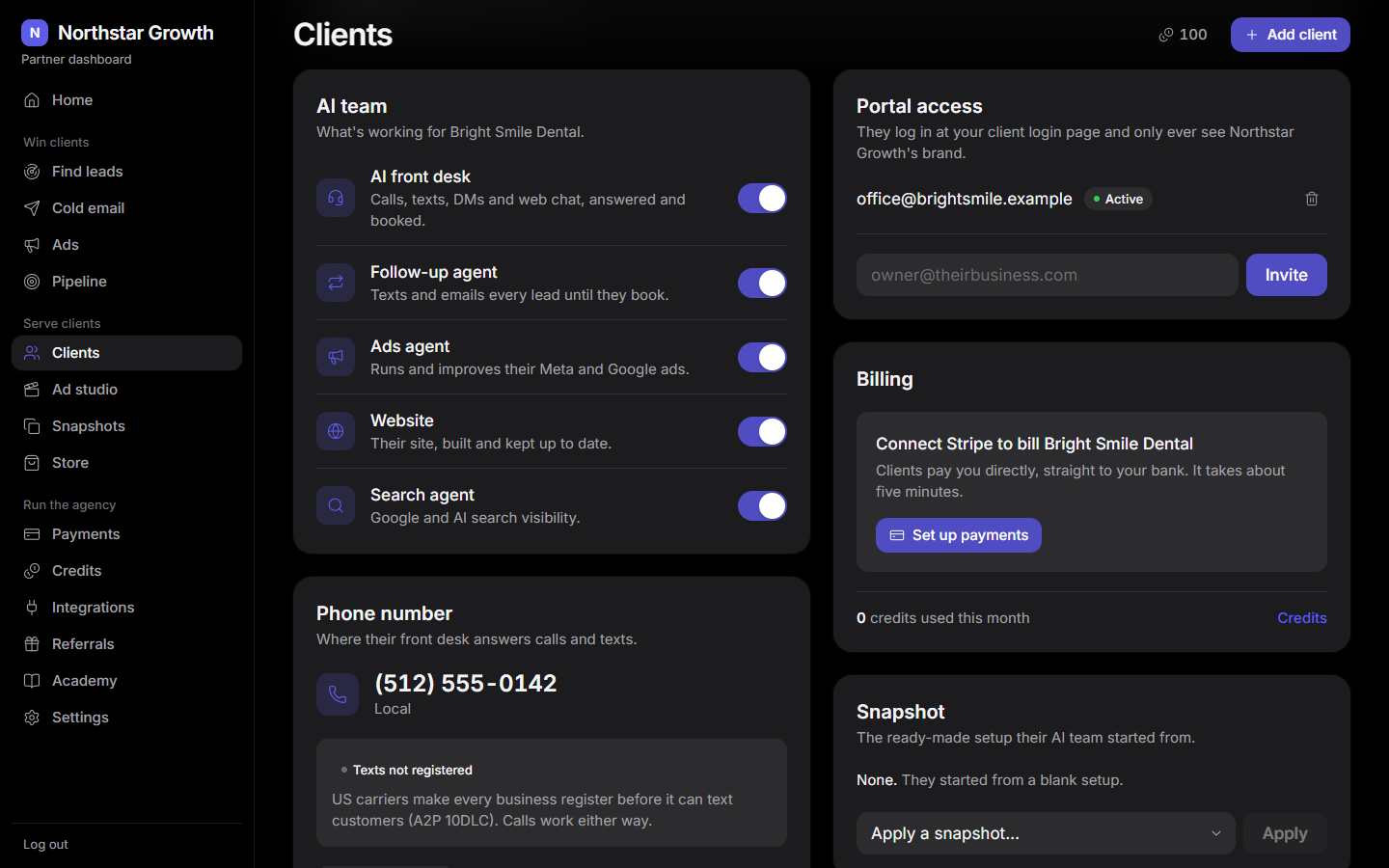 One client: their AI team, portal access and phone number, in the agency's brand