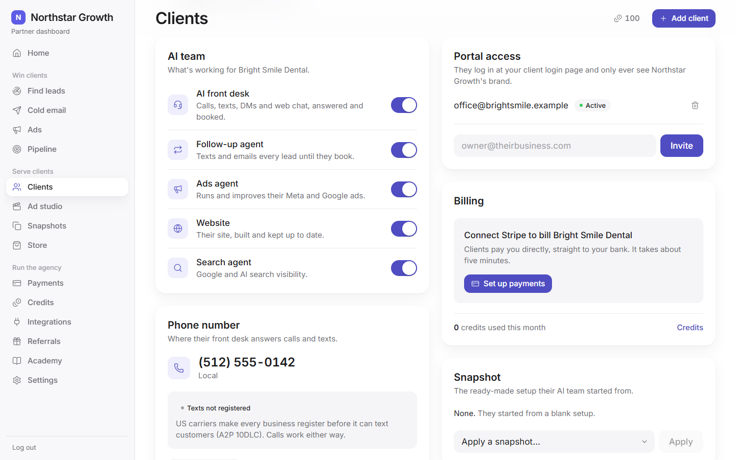 One client: their AI team, portal access and phone number, in the agency's brand