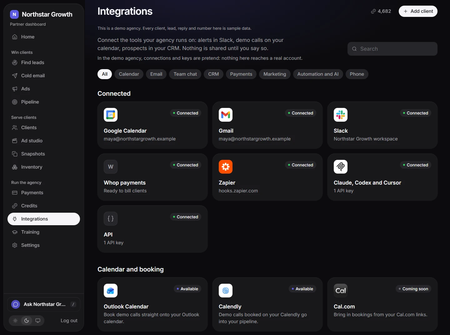 Claude and ChatGPT connection in the demo agency, with sample data