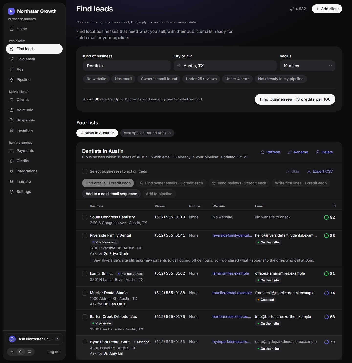 Lead finder in the demo agency, with sample data