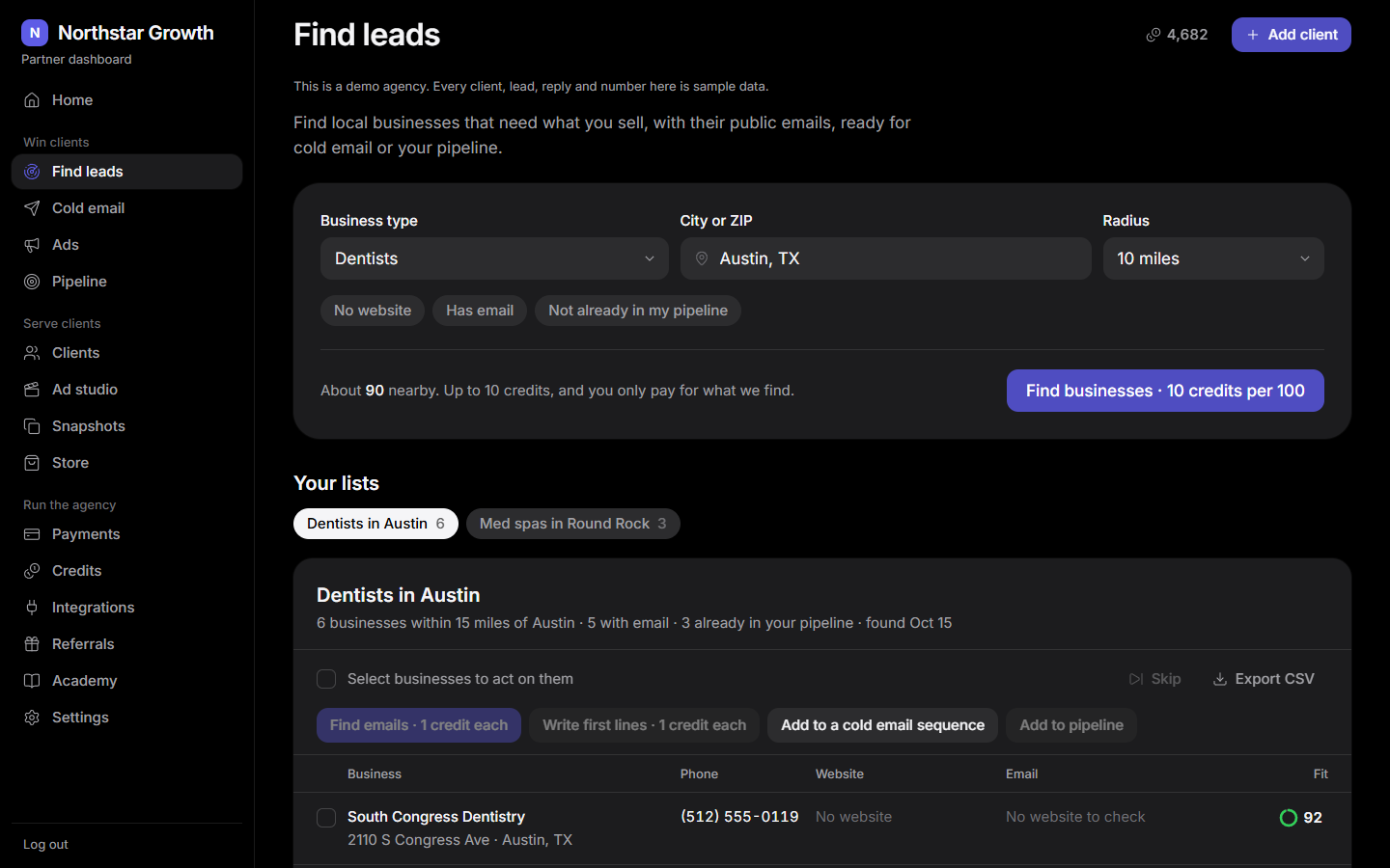 Lead finder in the demo agency, with sample data