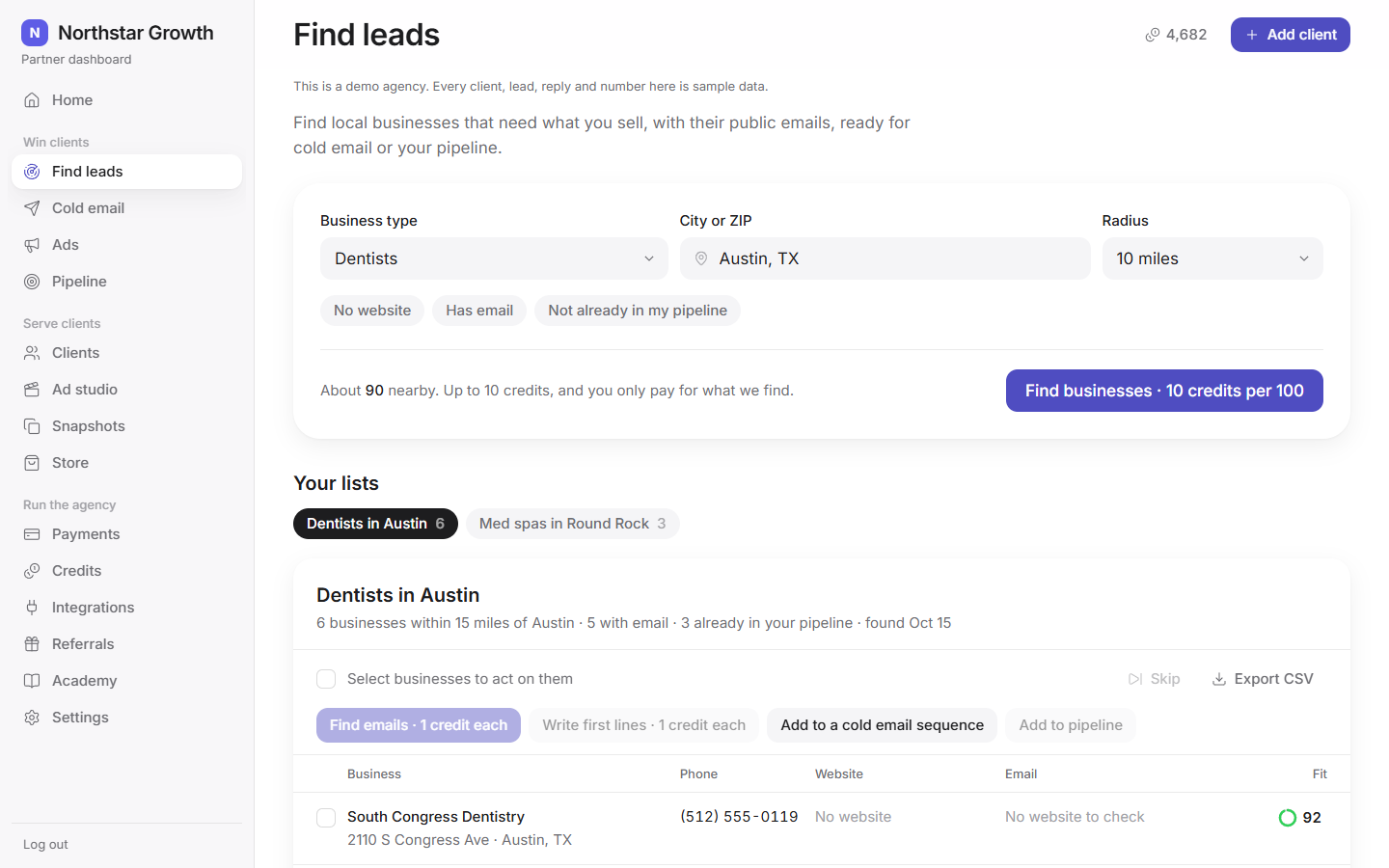 Find leads in the partner dashboard: local businesses by type and city, from public sources.