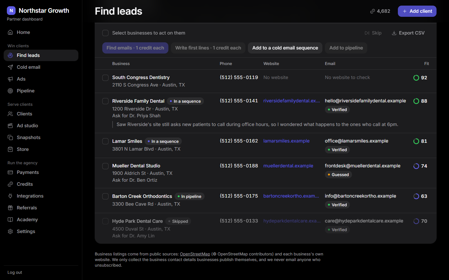 Find leads: local businesses with the public emails found and checked for them