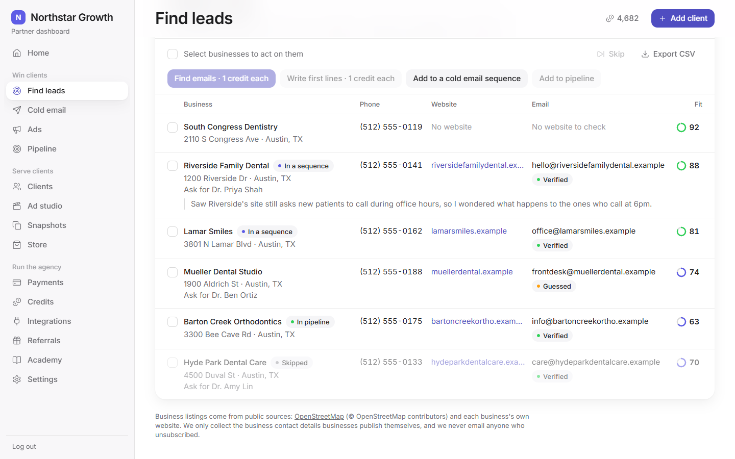 Find leads: local businesses with the public emails found and checked for them