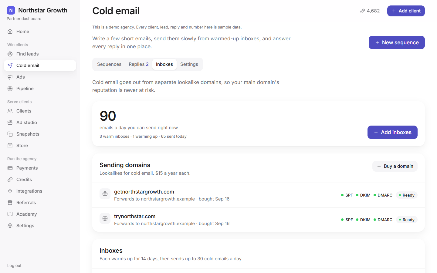 Cold email: connected inboxes with warm-up, health and domain checks