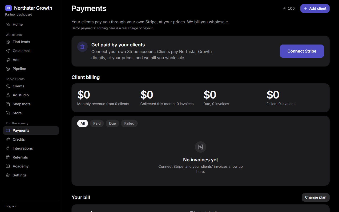 Payments: connect your own Stripe account to bill clients