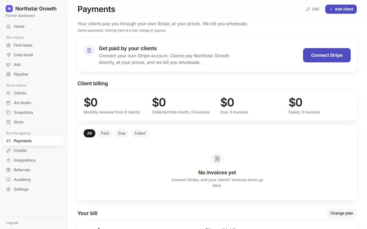 Payments: connect your own Stripe account to bill clients