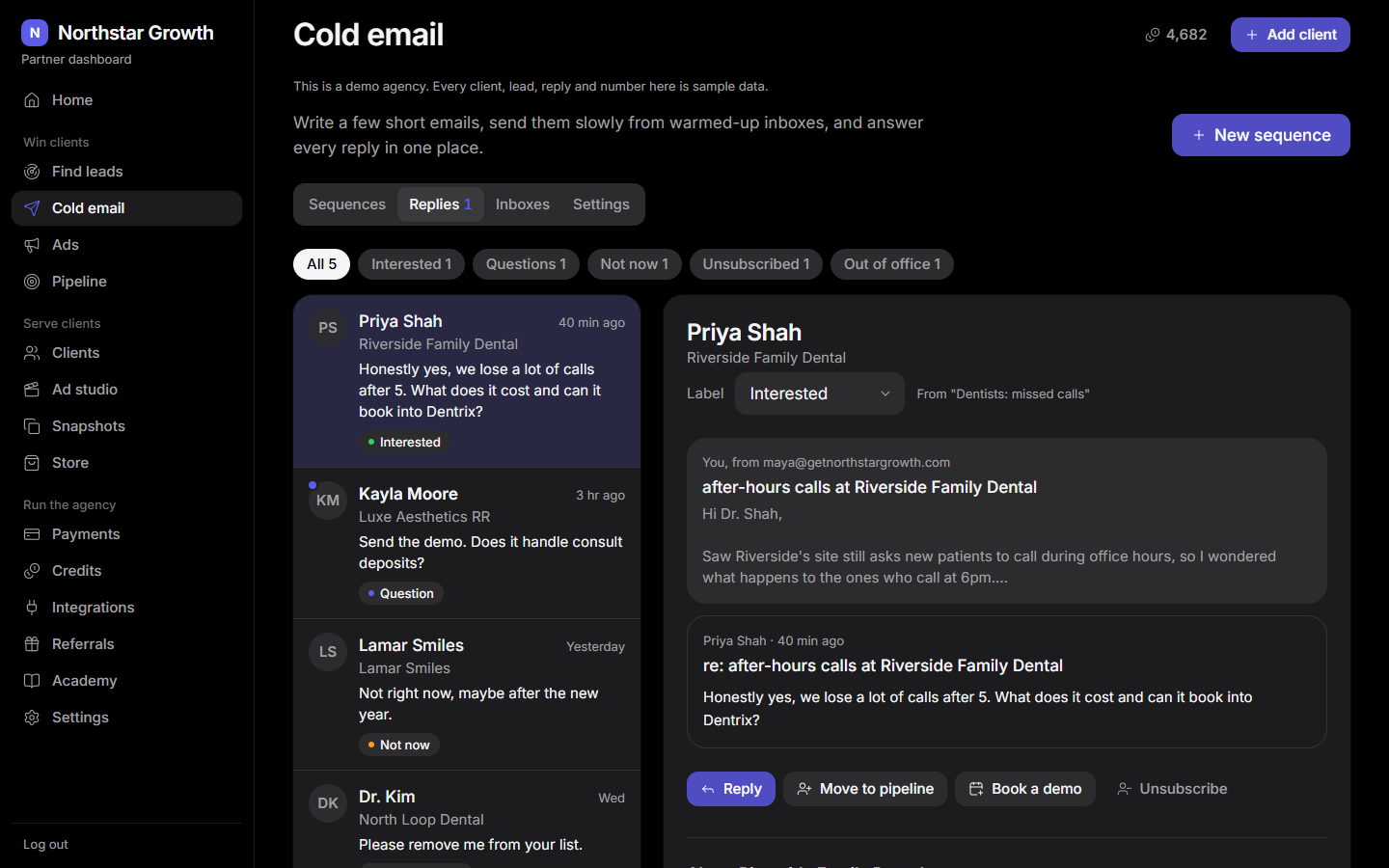 Replies from prospects, sorted, with buttons to reply, book a demo or move them to the pipeline