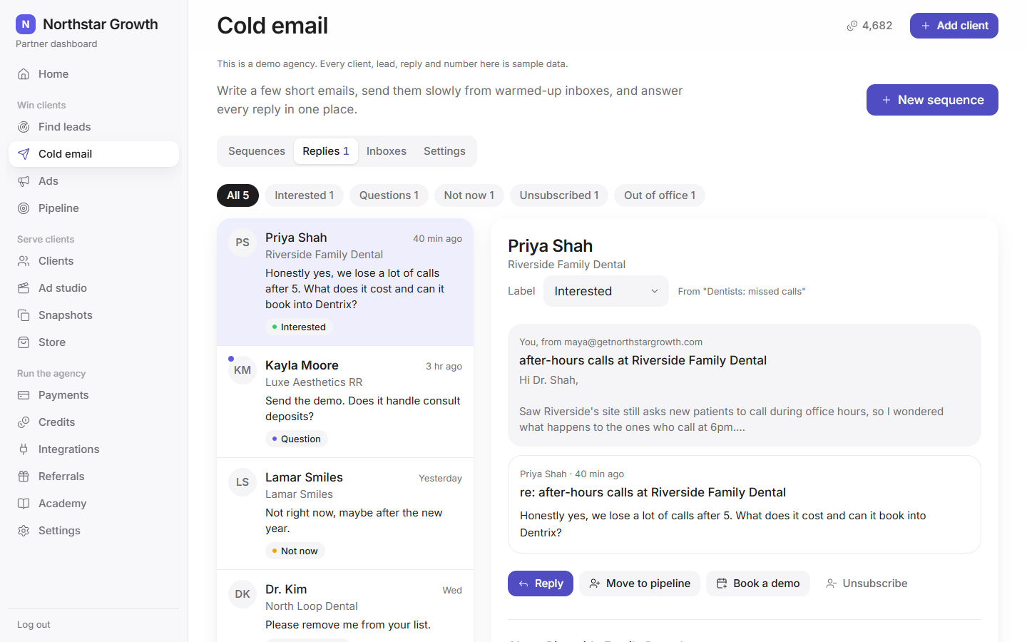 Replies from prospects, sorted, with buttons to reply, book a demo or move them to the pipeline