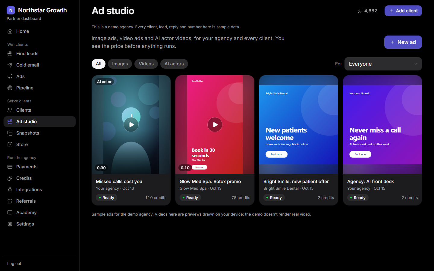 The ad studio: image ads, video ads and AI actor videos, each with its credit price