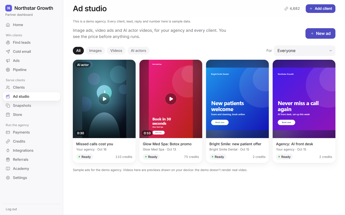 The ad studio: image ads, video ads and AI actor videos, each with its credit price