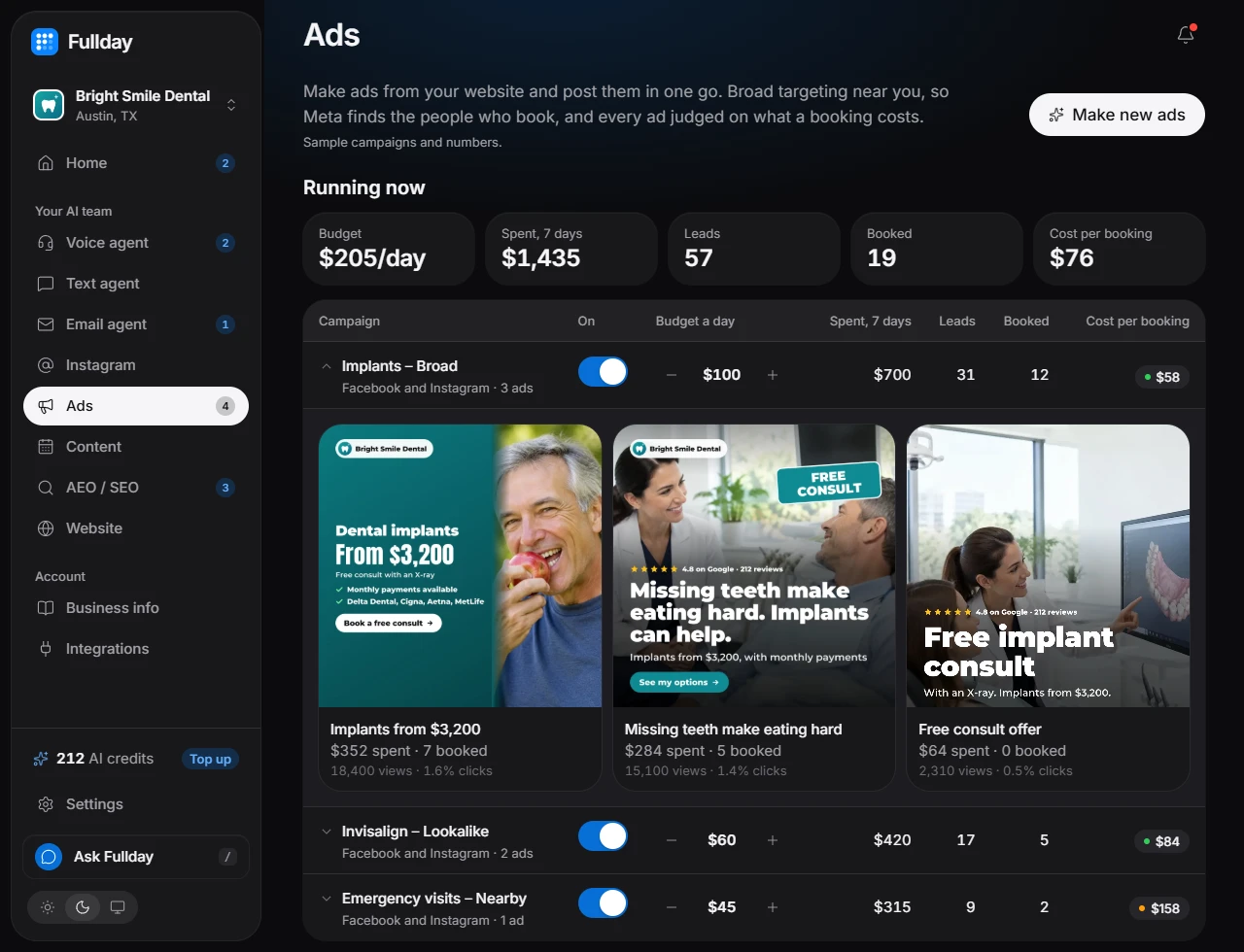 Ads agent in the demo business, with sample data