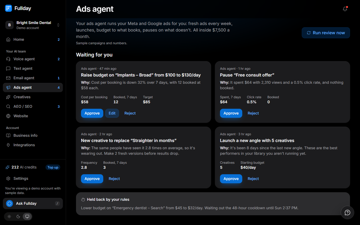 Ads agent in the demo business, with sample data