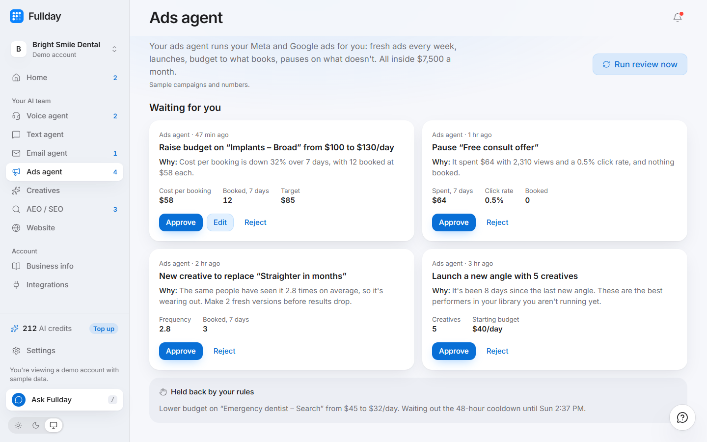 Ads agent in the demo business, with sample data