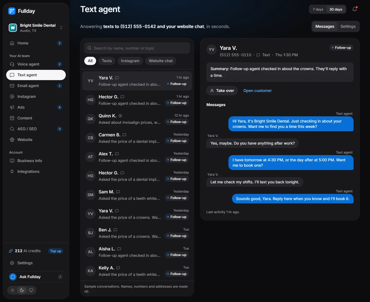 Text agent in the demo business, with sample data