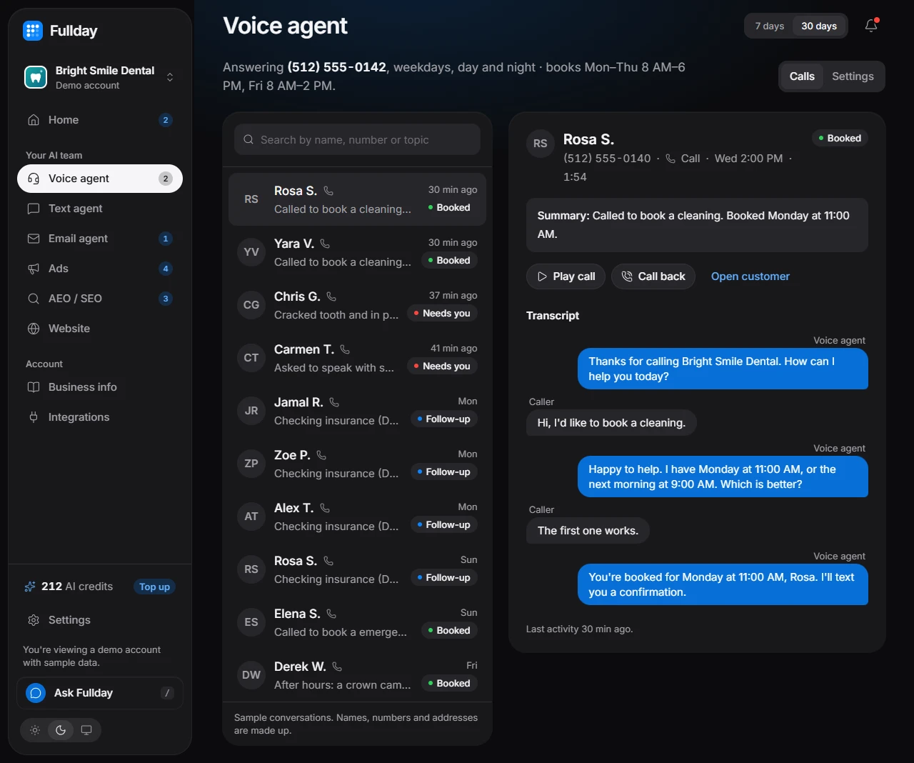 Voice agent in the demo business, with sample data