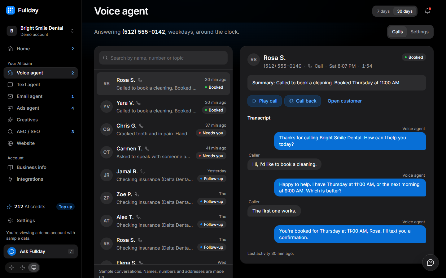 Voice agent in the demo business, with sample data
