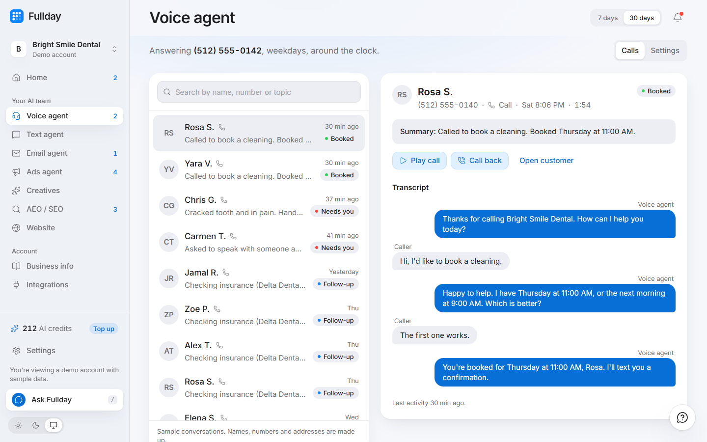 Voice agent in the demo business, with sample data
